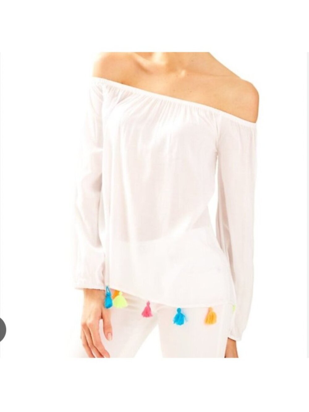 Lilly Pulitzer Enna Blouse Womens Medium White Off Shoulder Tassel Hem Boho Top